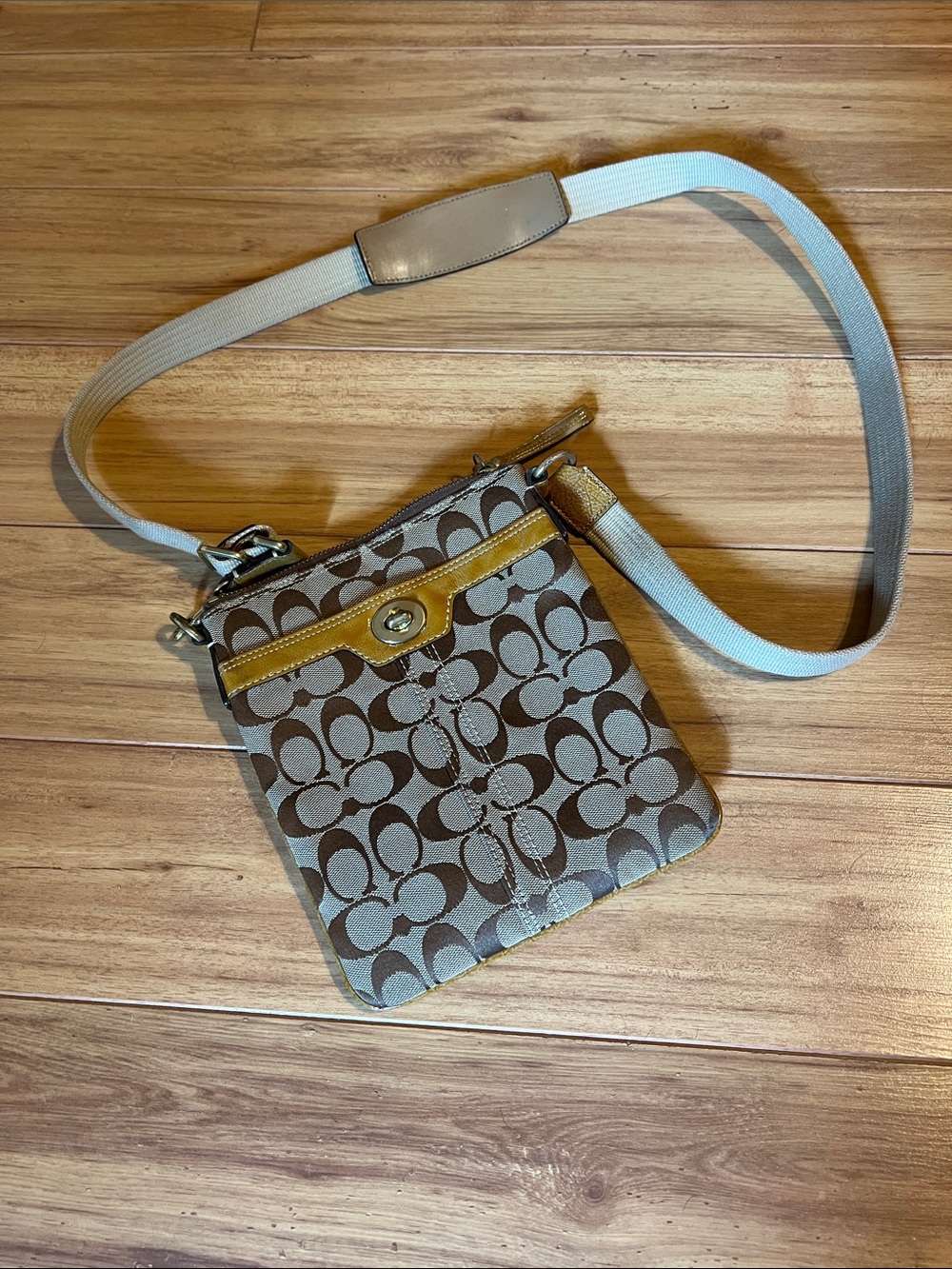 Coach Brown Signature Canvas Crossbody with Tan Trim